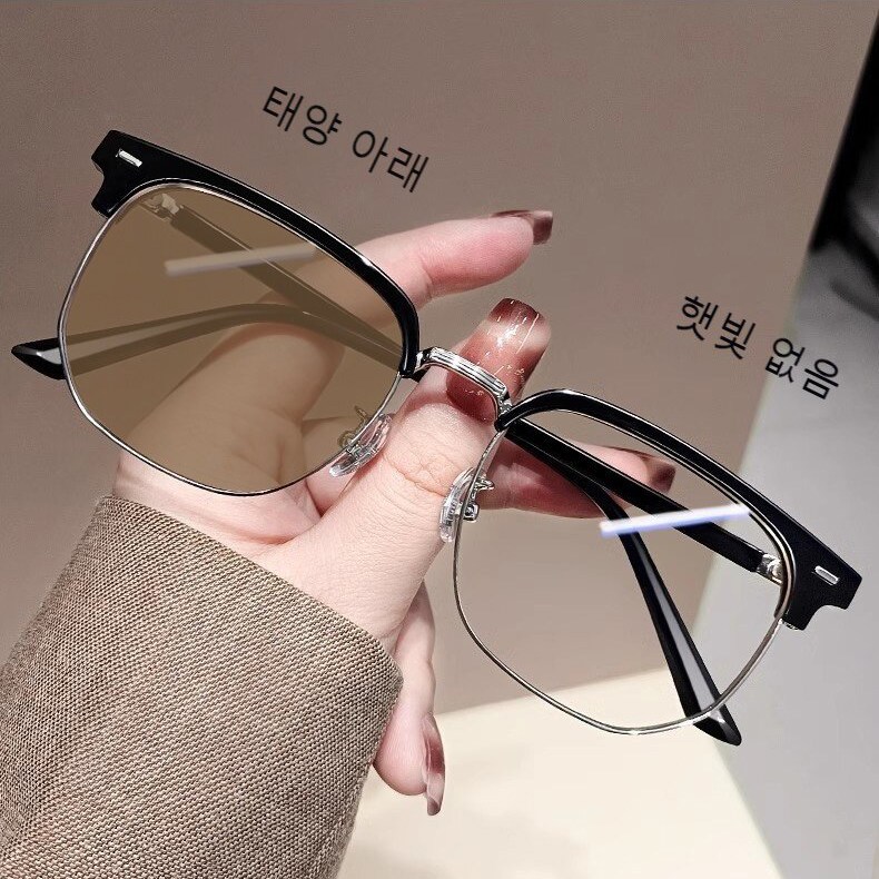DZX 남녀공용 변색 패션 블루라이트 차단 안경 가벼운 사각 뿔테 선글라스