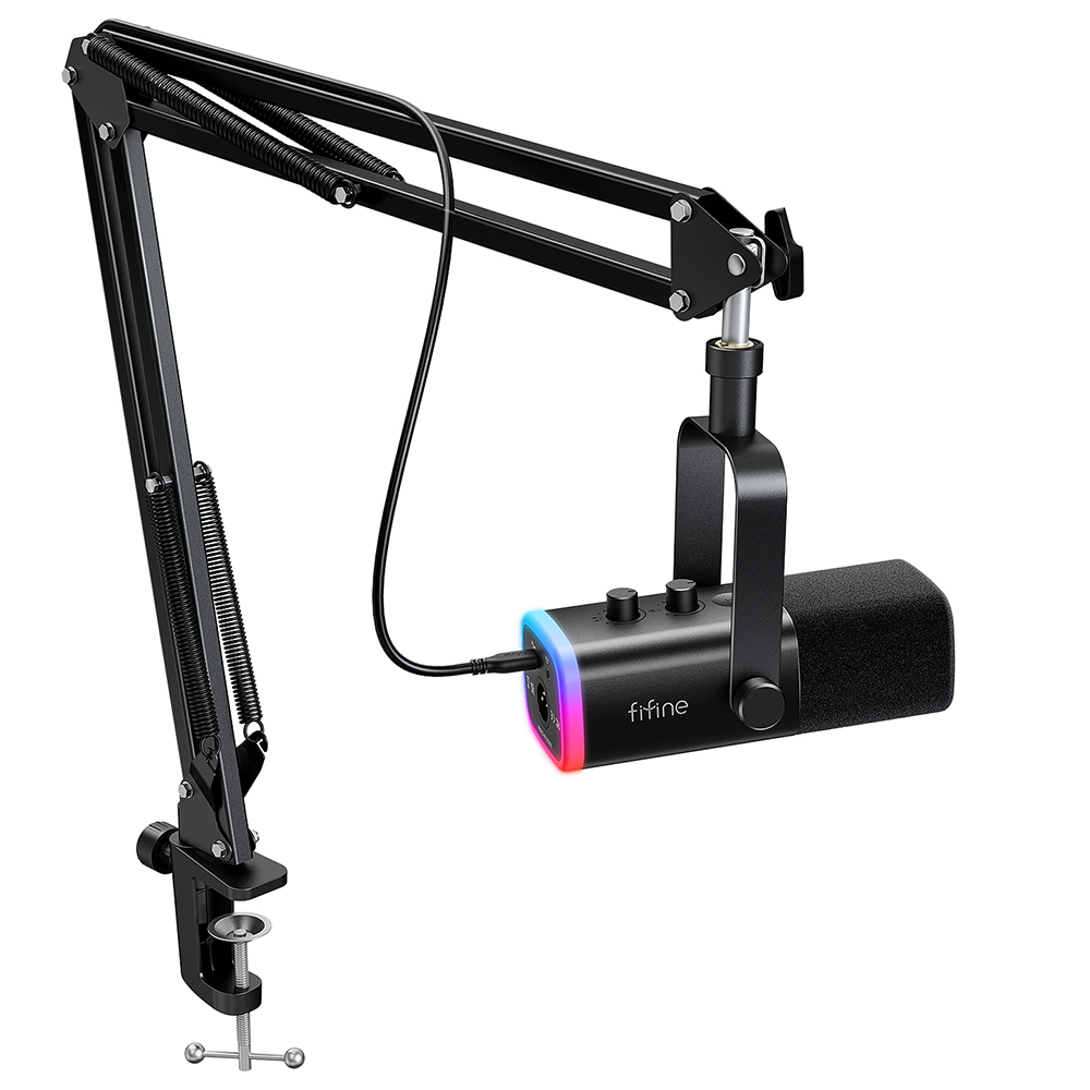 FIFINE AM8T 게임용 USB/XLR 다이내믹 마이크 키트, 붐 암 스탠드, 헤드폰 잭/음소거/RGB, 라이브 스트리밍, 레코딩, 팟캐스트, 비디오 PC, PS4/5용, 검정
